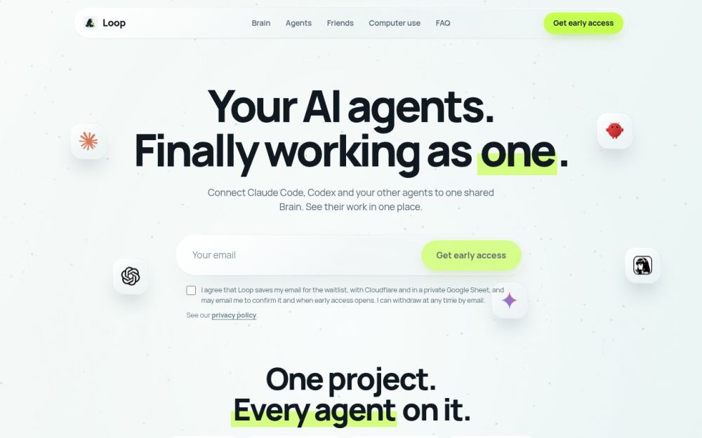 Screenshot of the homepage of loopagents.app