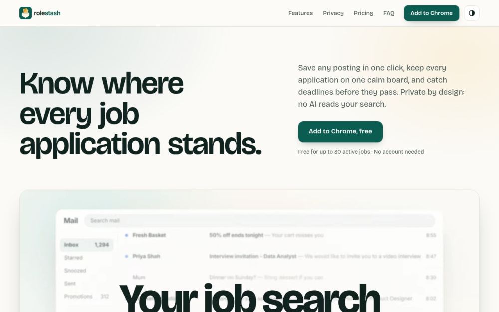Screenshot of the homepage of rolestash.com
