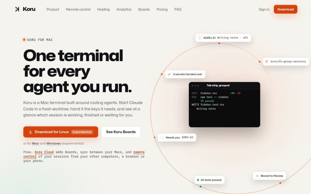 Screenshot of the homepage of koru.codes