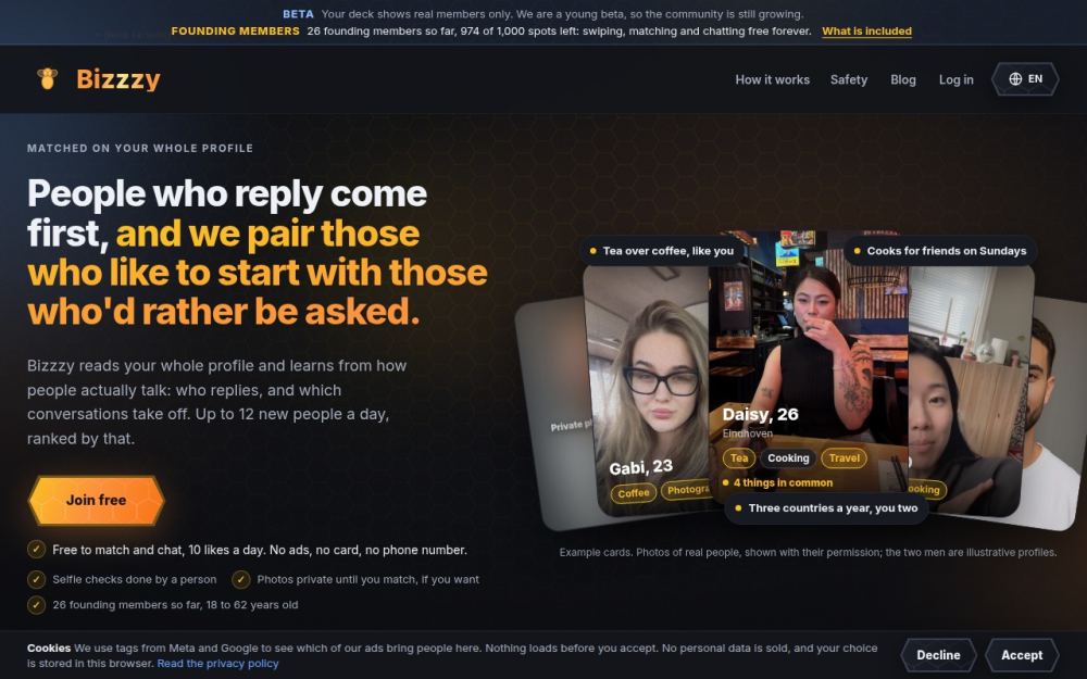 Screenshot of the homepage of bizzzy.app