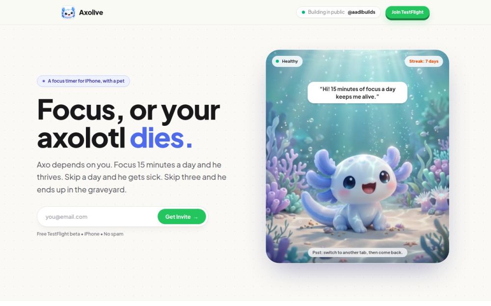Screenshot of the homepage of axolive.com