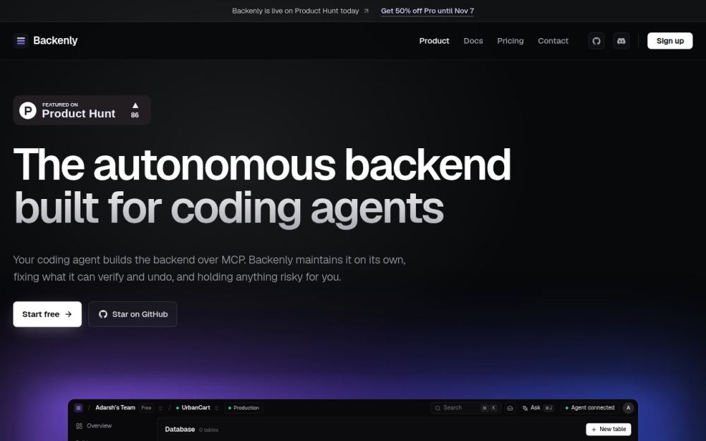 Screenshot of the homepage of backenly.com