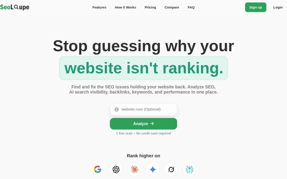 Screenshot of the homepage of seoloupe.com
