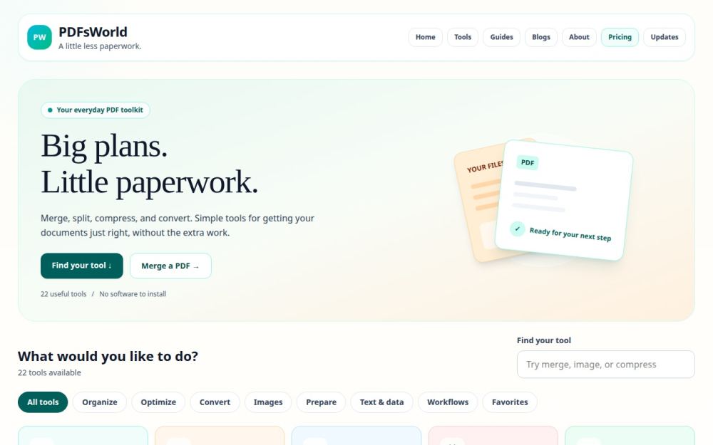Screenshot of the homepage of pdfsworld.com