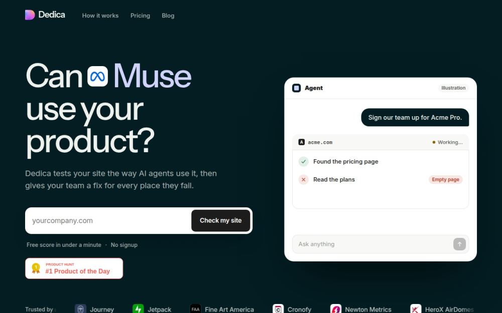 Screenshot of the homepage of getdedica.com