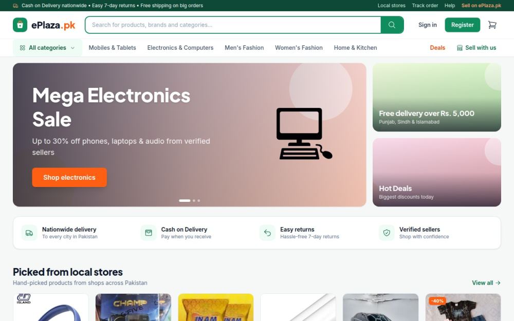 Screenshot of the homepage of eplaza.pk