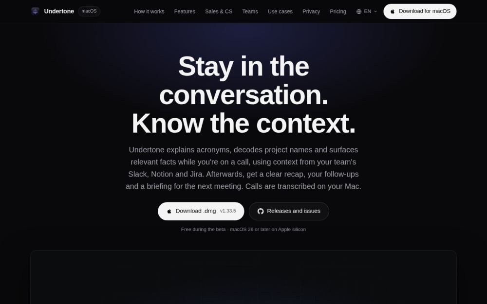 Screenshot of the homepage of getundertone.app