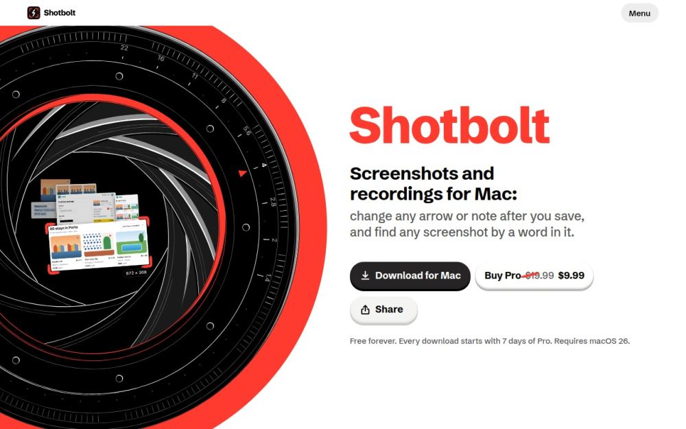 Screenshot of the homepage of shotbolt.app