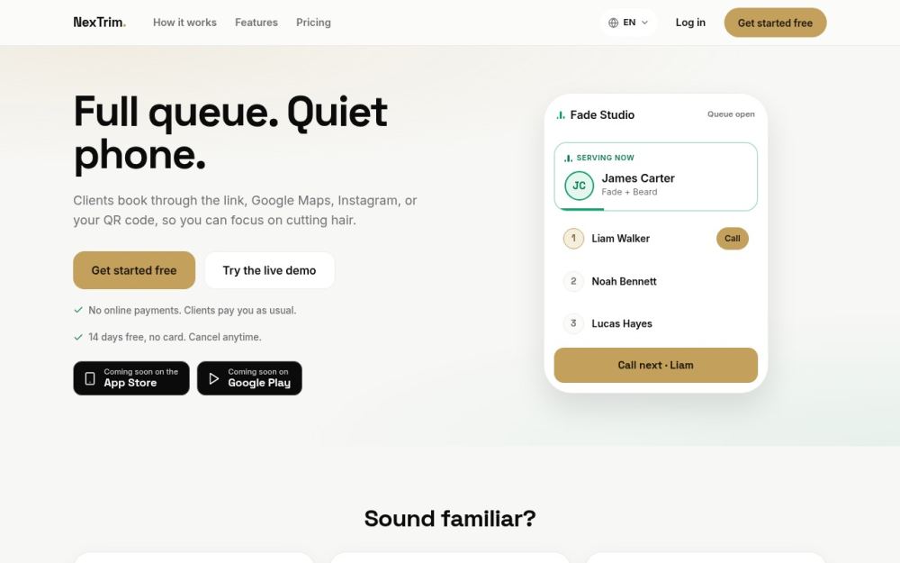 Screenshot of the homepage of nextrim.app