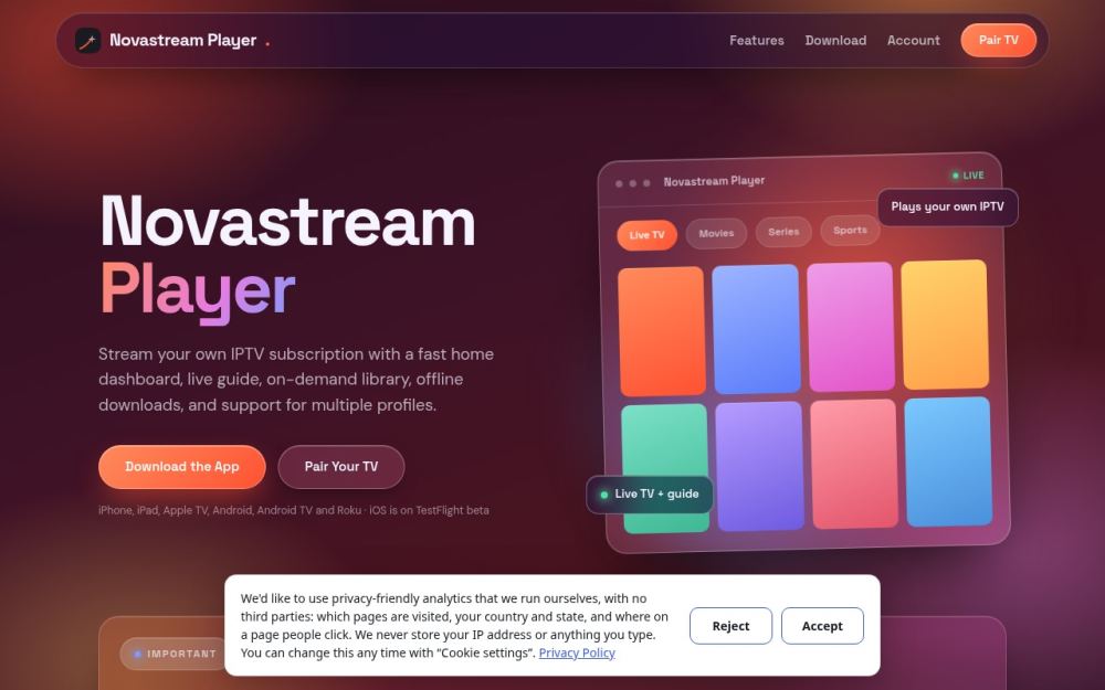 Screenshot of the homepage of novastreamplayer.com