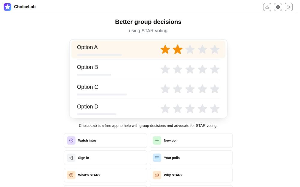 Screenshot of the homepage of choicelab.app