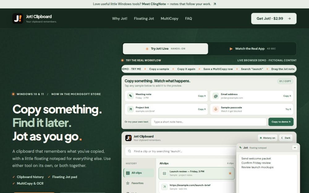 Screenshot of the homepage of jotclipboard.com