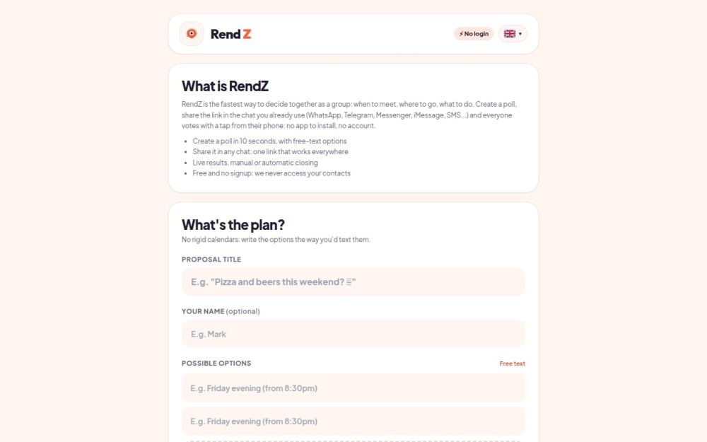 Screenshot of the homepage of rendz.app