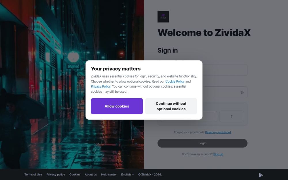 Screenshot of the homepage of zividax.uk