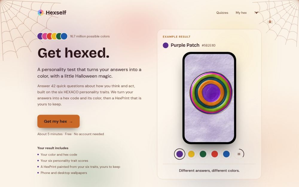 Screenshot of the homepage of hexself.com