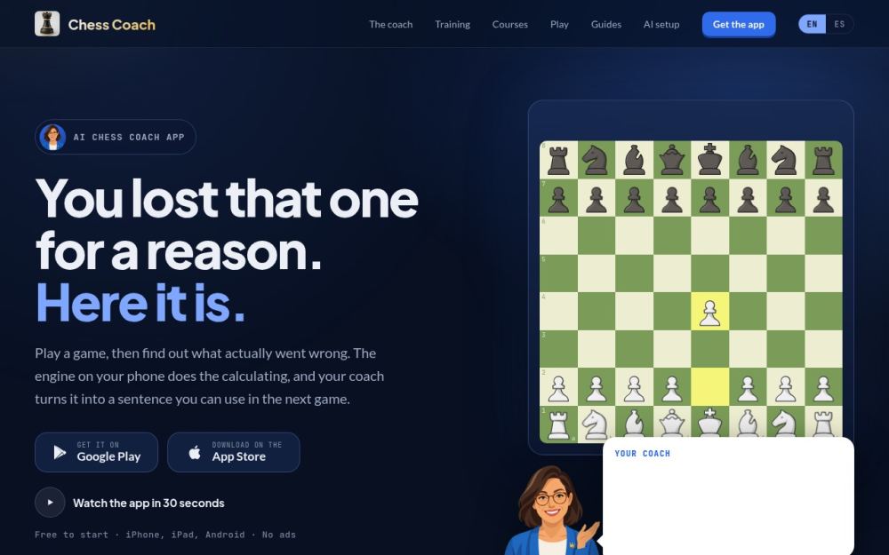 Screenshot of the homepage of chesscoach-app.com