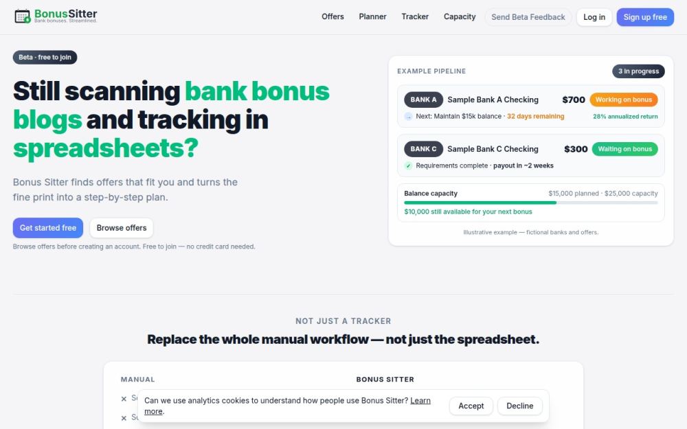 Screenshot of the homepage of bonussitter.com