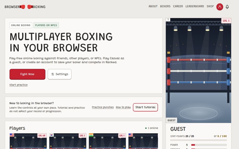 Screenshot of the homepage of browserboxing.com