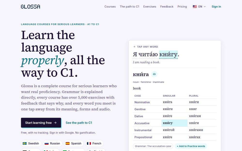 Screenshot of the homepage of glossa.study