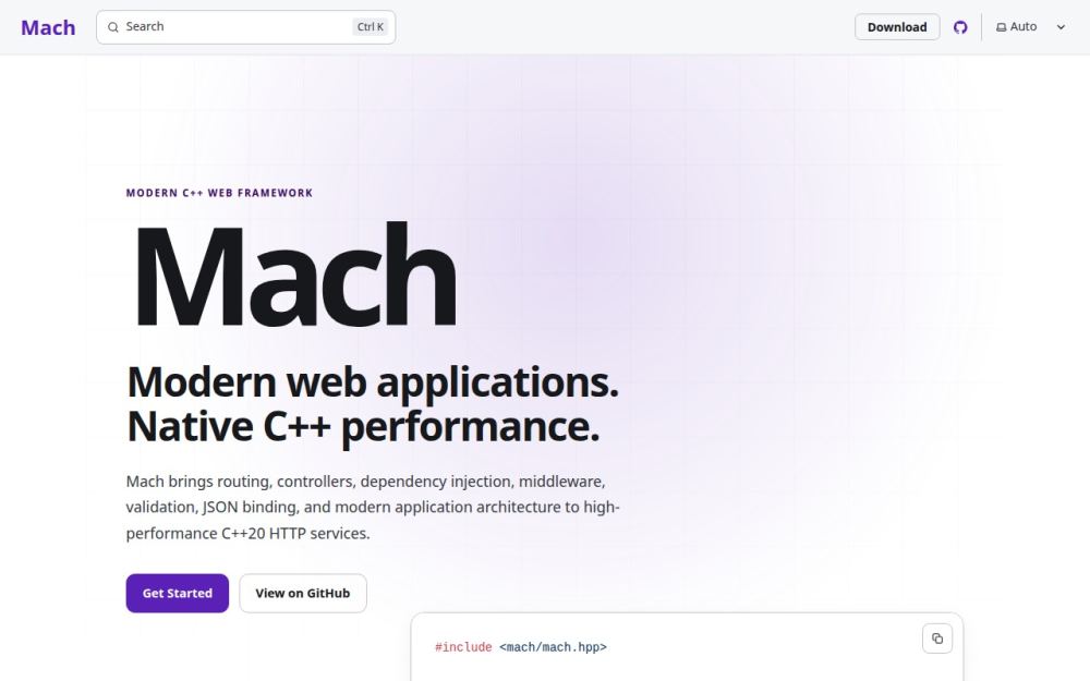 Screenshot of the homepage of machframework.dev