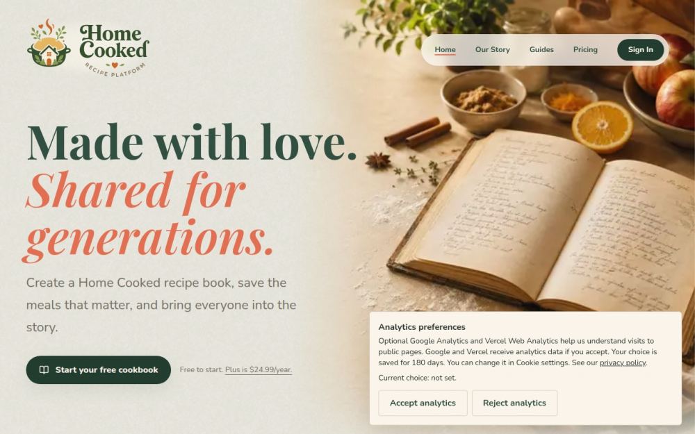 Screenshot of the homepage of tryhomecooked.com