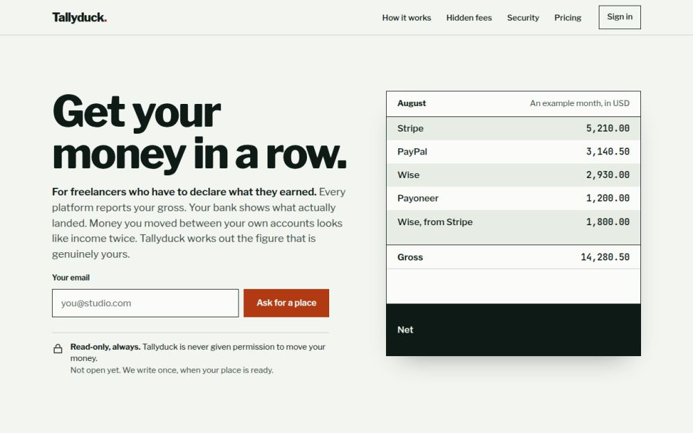 Screenshot of the homepage of tallyduck.com