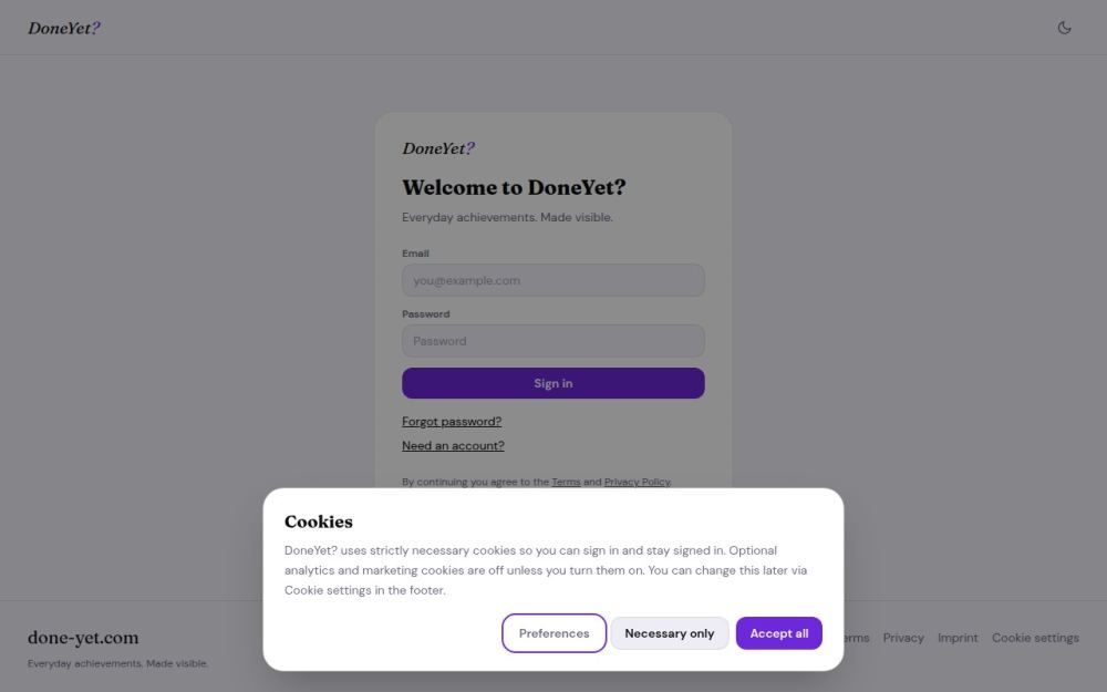 Screenshot of the homepage of done-yet.com