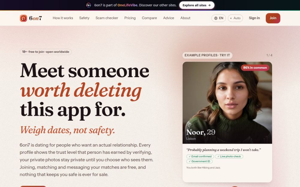 Screenshot of the homepage of 6on7.com