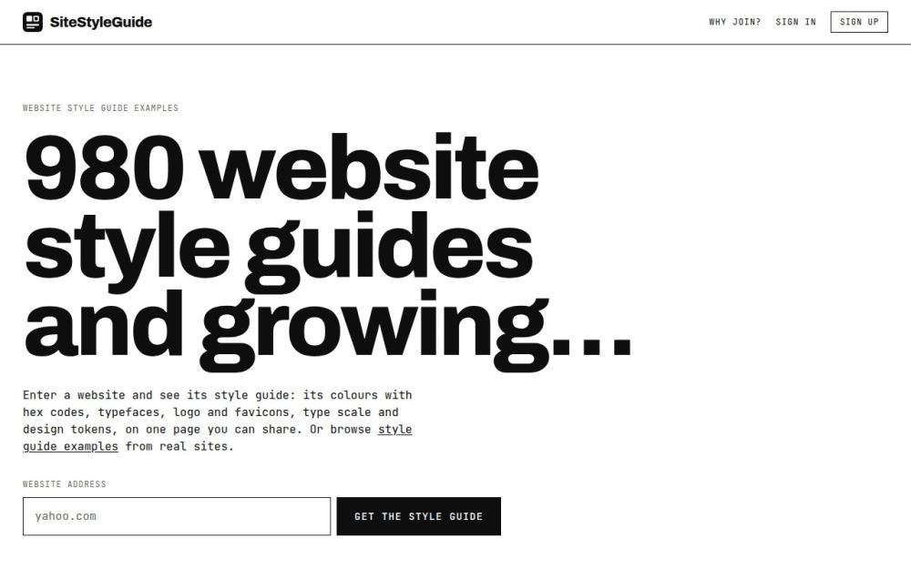 Screenshot of the homepage of sitestyleguide.com