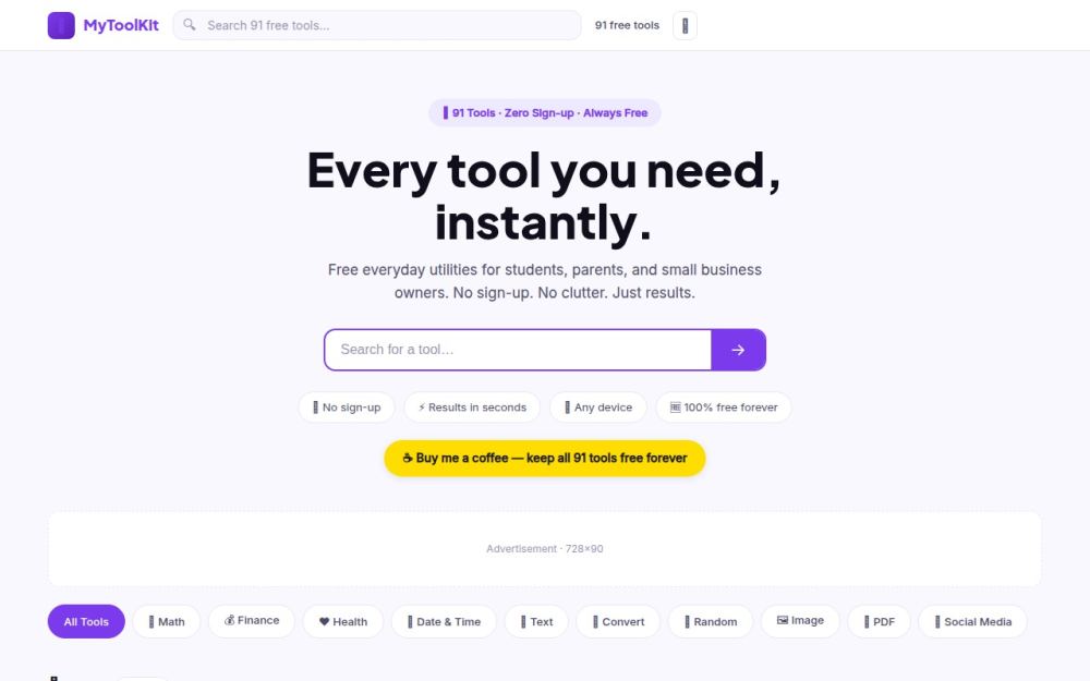 Screenshot of the homepage of mytoolkit.store