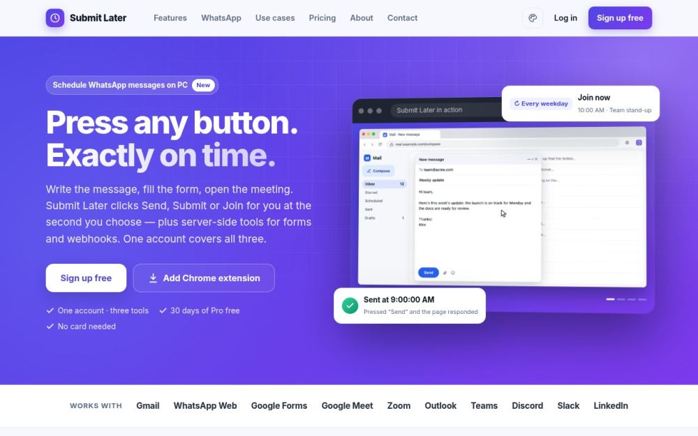 Screenshot of the homepage of submitlater.co.in