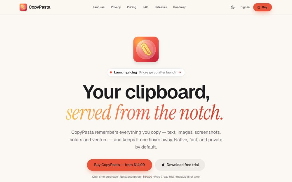Screenshot of the homepage of usecopypasta.com
