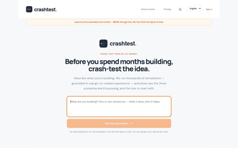 Screenshot of the homepage of crashtest.app