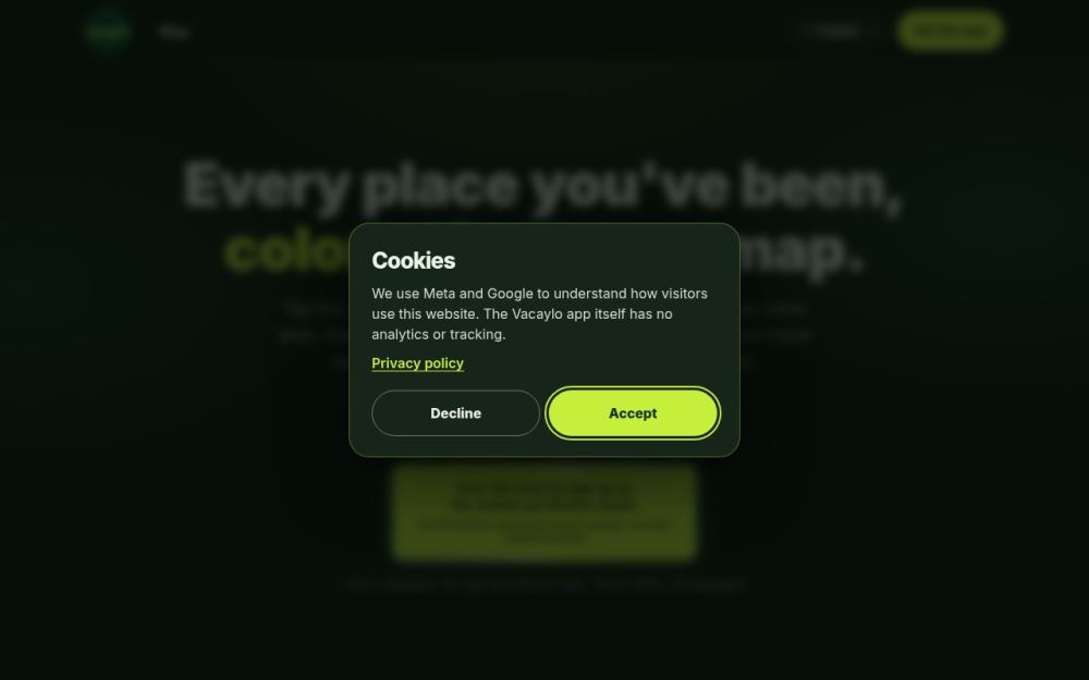 Screenshot of the homepage of vacayloapp.com