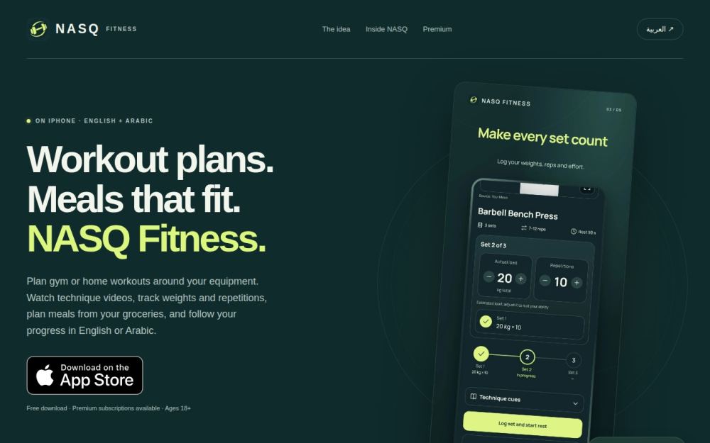 Screenshot of the homepage of nasqfit.com