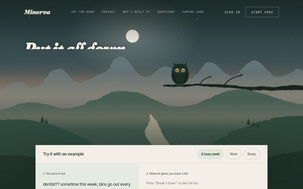 Screenshot of the homepage of heyminerva.app