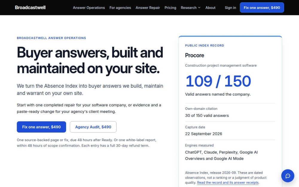 Screenshot of the homepage of broadcastwell.com
