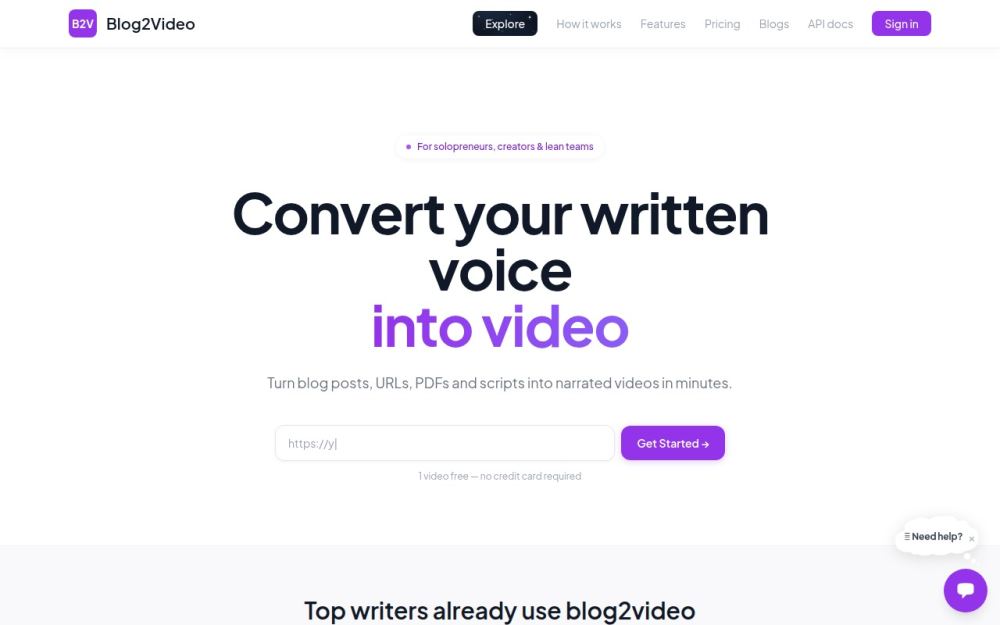 Screenshot of the homepage of blog2video.app