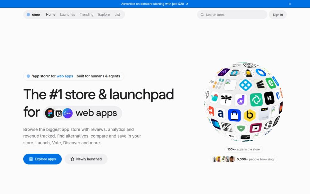 Screenshot of the homepage of dotstore.io